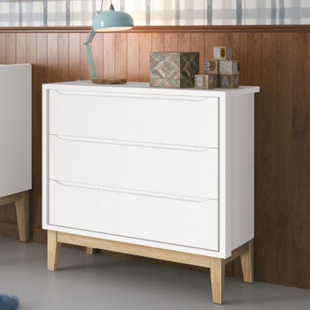 Cômoda Gaveteiro Moderno Classic New 3 Gavetas Pés em Madeira Branco Fosco com Natural - Reller
