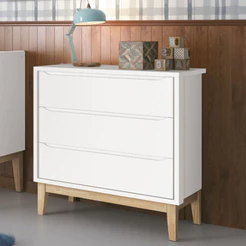 Cômoda Gaveteiro Moderno Classic New 3 Gavetas Pés em Madeira Branco Fosco com Natural - Reller