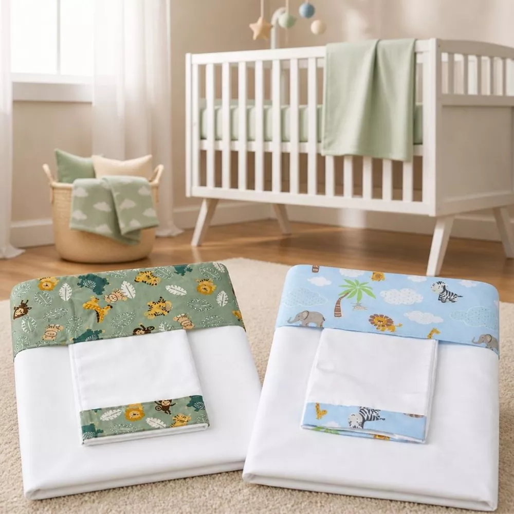 Kit 2 Jogo de Lençol Berço Americano Safari Azul Kit Lençol Bebe com Fronha Enxoval Infantil