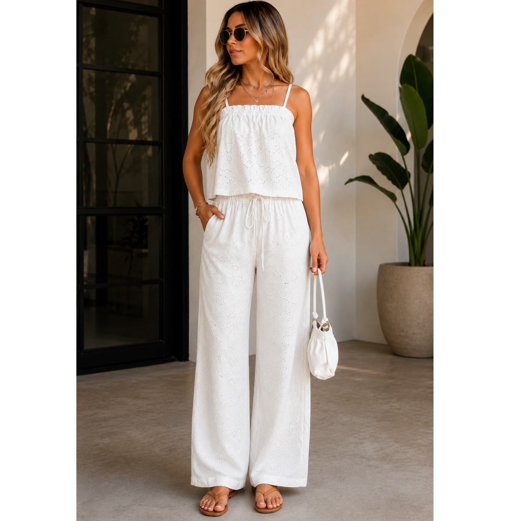 Conjunto Feminino Laise Calça Reta Cintura Alta e Regata Bata Elegante