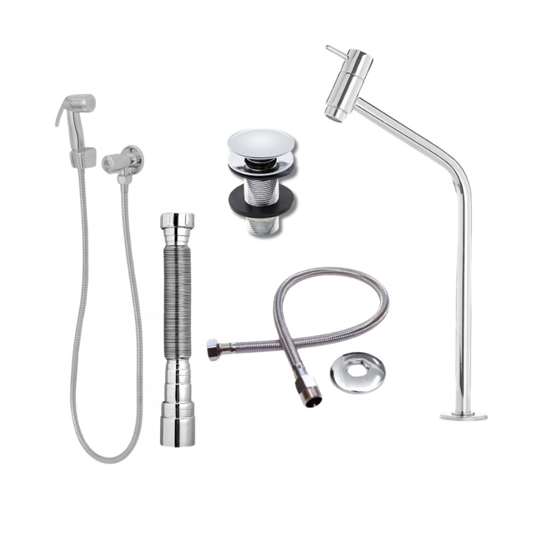 Kit Banheiro Torneira Link Alta com Ducha Higiênica, Engate, Sifão e Válvula Click 7/8 Cromado