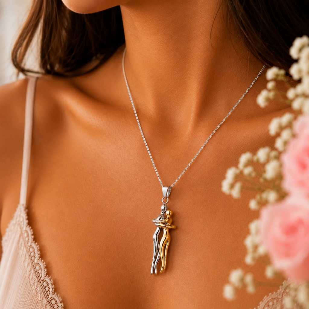 Colar De Abraço De Casal Simples Personalidade Criativa Duas Cores Cadeia De Colarinho Amor Eterno Folheado Ouro 18K — imagem 2 de 2