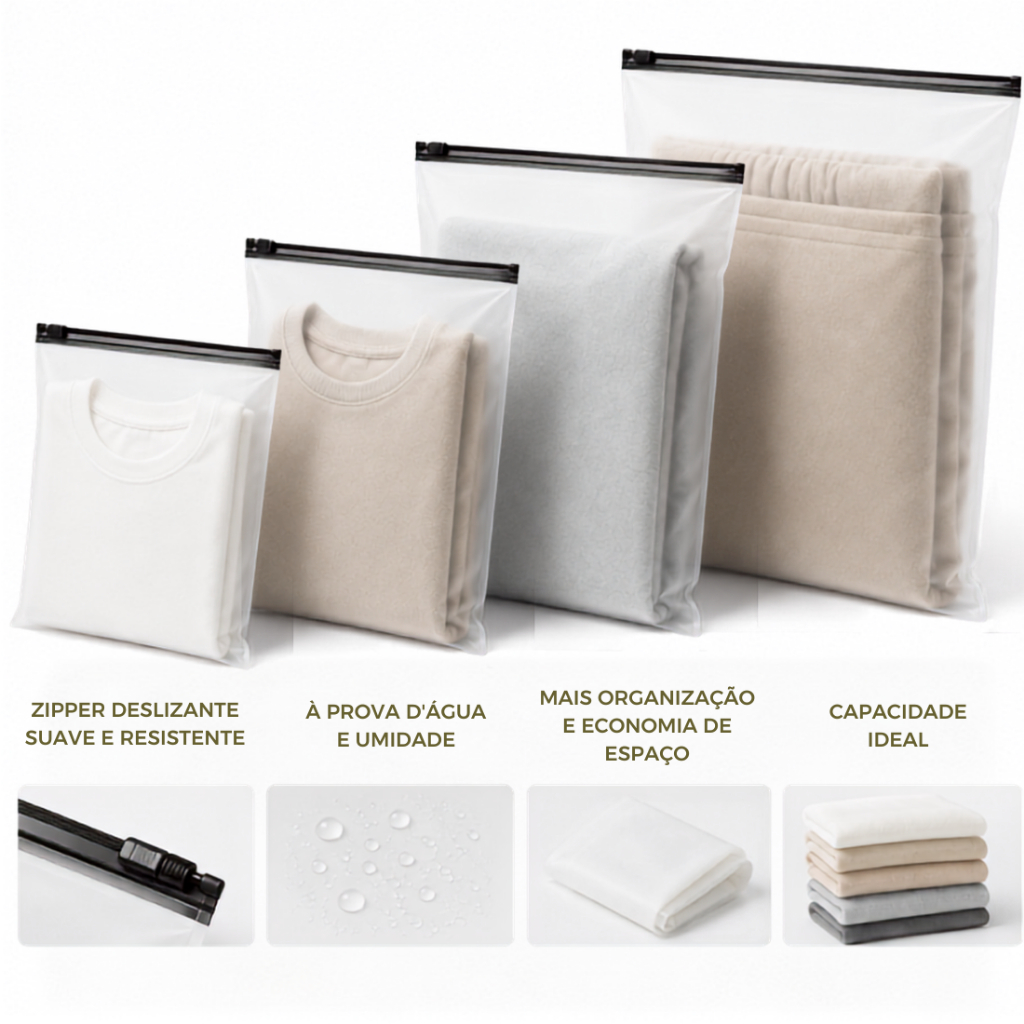 Embalagem Zipper Fosca para Roupas Organizador Reutilizável Diversos Tamanhos Saco com Zíper