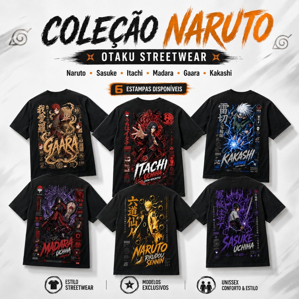 Camiseta Naruto Anime Ninja Streetwear Geek Unissex Estampa Costas Sasuke Itachi Madara Gaara Kakashi Oversized