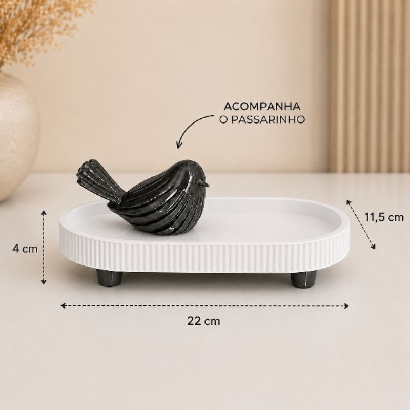 Detalhes do Kit Decorativo Bandeja Canelada com Passarinho | Lavabo, Aparador e Mesa de Centro
