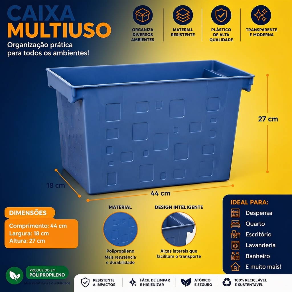 Caixa Multiuso Organizadora Plástico Retangular - 21Litros, Resistência, Praticidade, Utilidade Doméstica, Otim Espaço