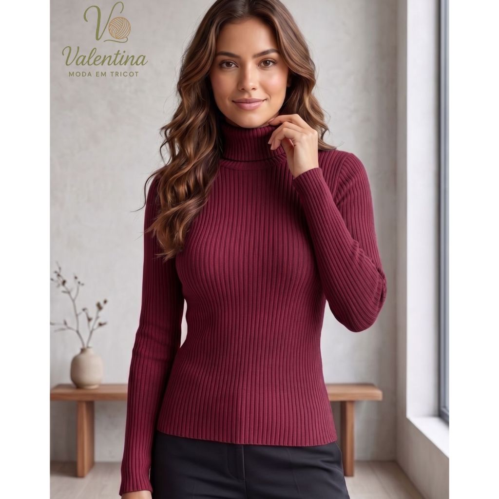 Blusa Cacharrel Feminina Tricot Gola Alta Elegante Canelado Manga Longa Tricô Moda Inverno