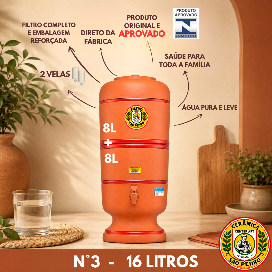 Filtro de Barro Purificador de Agua Sao Pedro 16 Litros Totais (8+8L) Completo 2 velas 2 boias