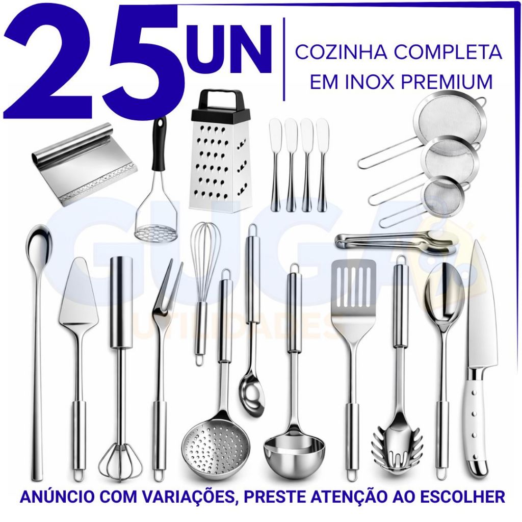 Utensílios Inox Premium – Mixer, Ralador, Amassadores, Peneiras, Espátulas , Espátula Tubular, Concha, Colheres JOGO