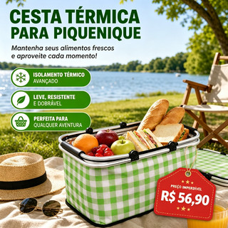 Bolsa Térmica Pra Familha Cesta Piquenique Praia Camping 30L Retrátil Feito de tecido oxford impermeável e durável