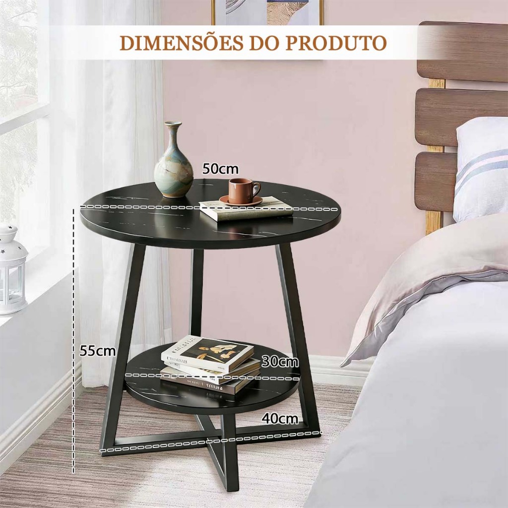 Mesa Lateral Redonda Pequena Mármore 2 Prateleiras Moderna Minimalista para Sala e Sofá · foto 2