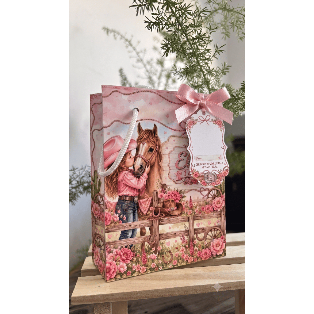 Sacolinha Personalizada Boiadeira Cowgirl Rosa Pegue e Monte Lembrancinhas Infantil Sacolas | Personalizados