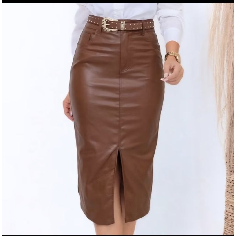 Saia Midi Feminina Resinada com Cinto Elegante Alta Qualidade