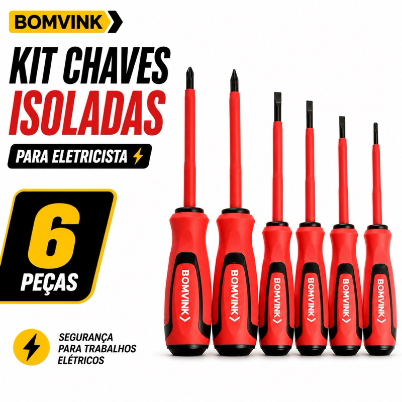 Kit 6 Chaves Isoladas 1000V para Eletricista Profissional -Jogo Chave Fenda e Phillips Isolada Alta Tensão
