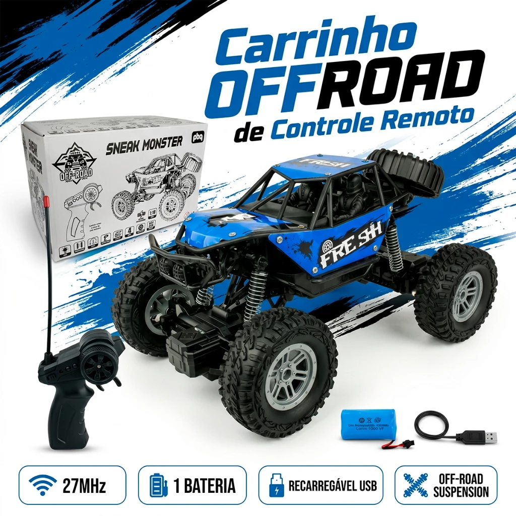 Carrinho Controle Remoto Recarregável 4x4 Off Road Recarregável USB 1:18 Brinquedo Infantil Menino
