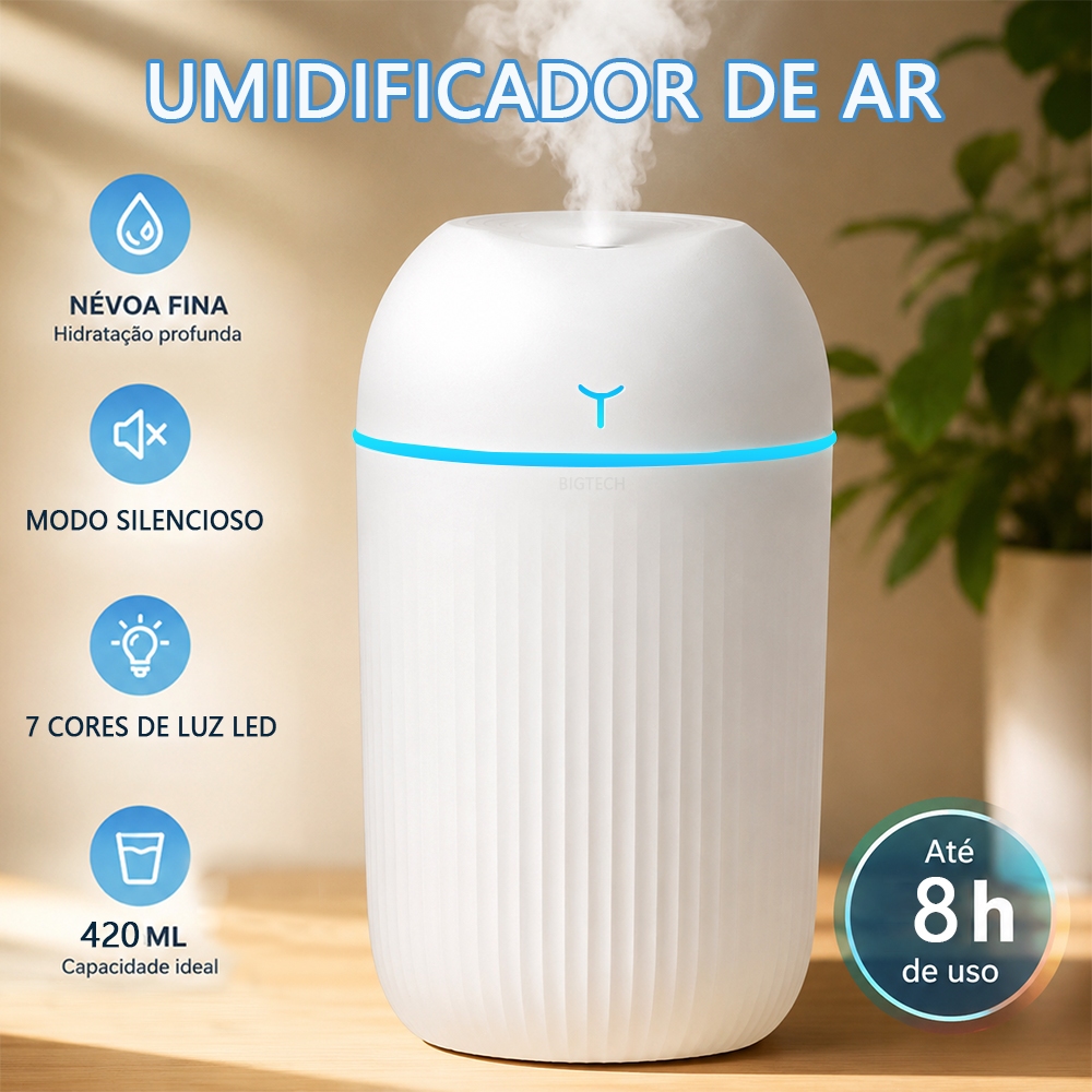 Umidificador De Ar E Aromatizador Para Quarto Humidificador 420ml Luz Led De 7 Cores Com Temporizador 8h