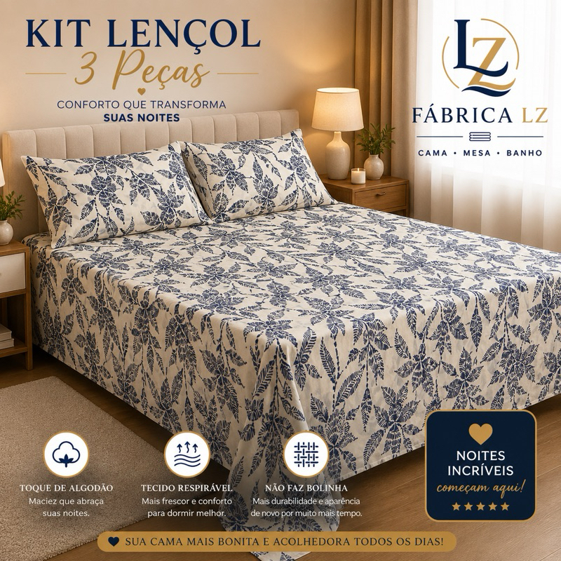 kit Lençol 3Pçs Percal 500 Fios Casal Queen Toque De Algodão Linha Luxo Premium