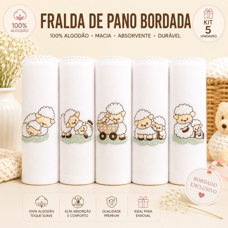 Fralda Pano Bordadas Luxo 70x70cm 100% Algodão Unissex Neutro Ovelha Urso Balao Nuvem  Enxoval Bebe