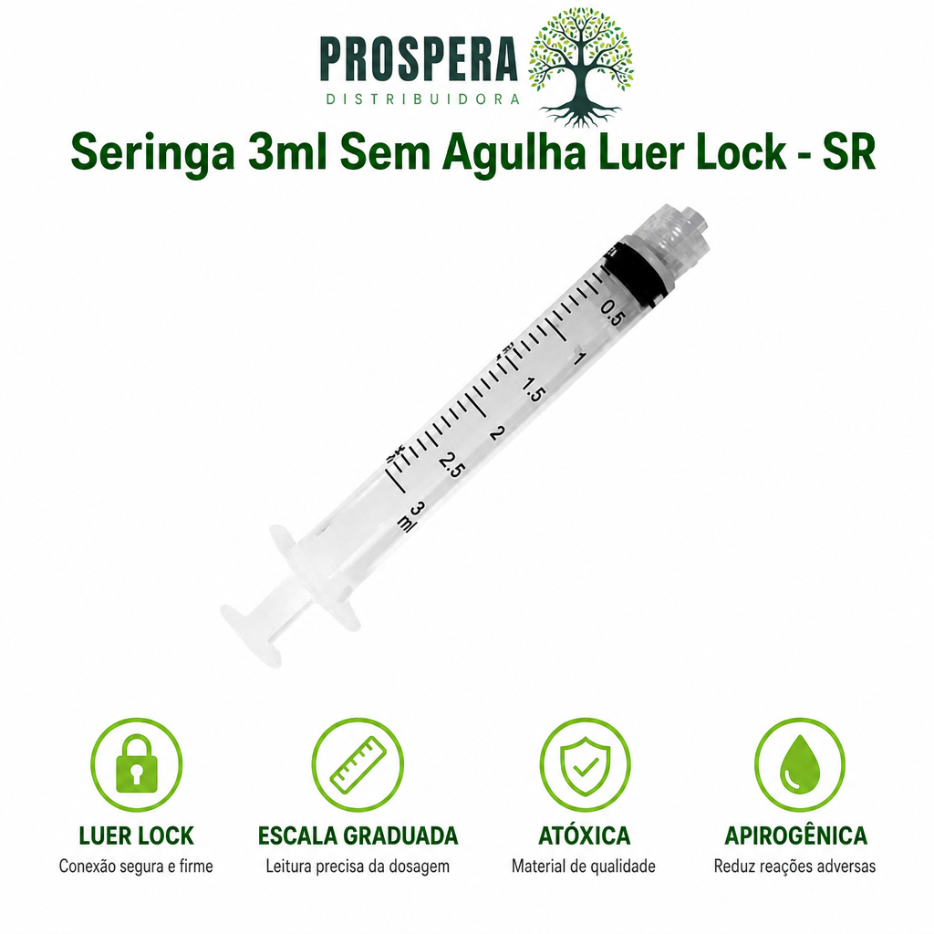 Seringa 3 ML Sem Agulha - Luer Lock - Marca SR - kit 50, 100, 250 unidades