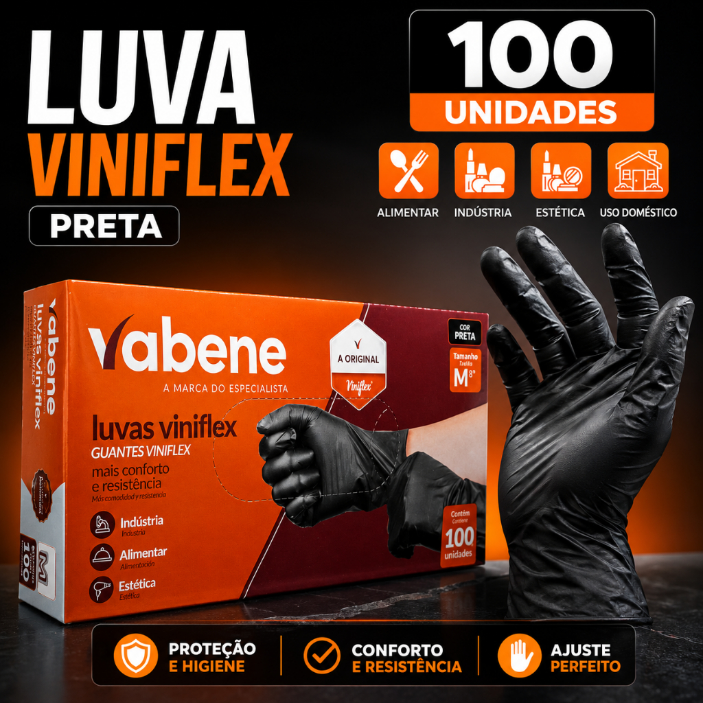 Luvas descartáveis pretas viniflex sem pó P M G GG Vabene TPE