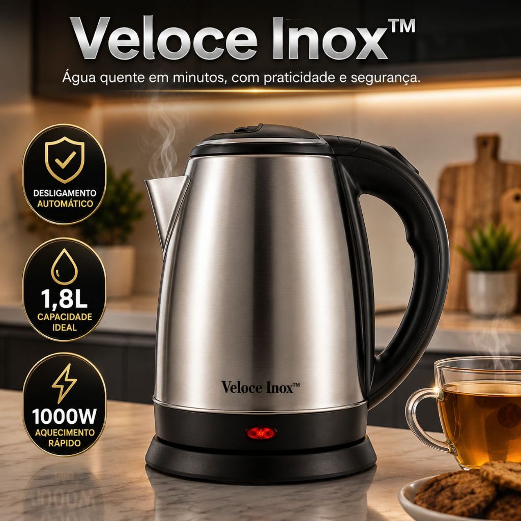 Chaleira Elétrica Inox 1,8L 1000W Aquecimento Rápido Desligamento Automático Base 360°