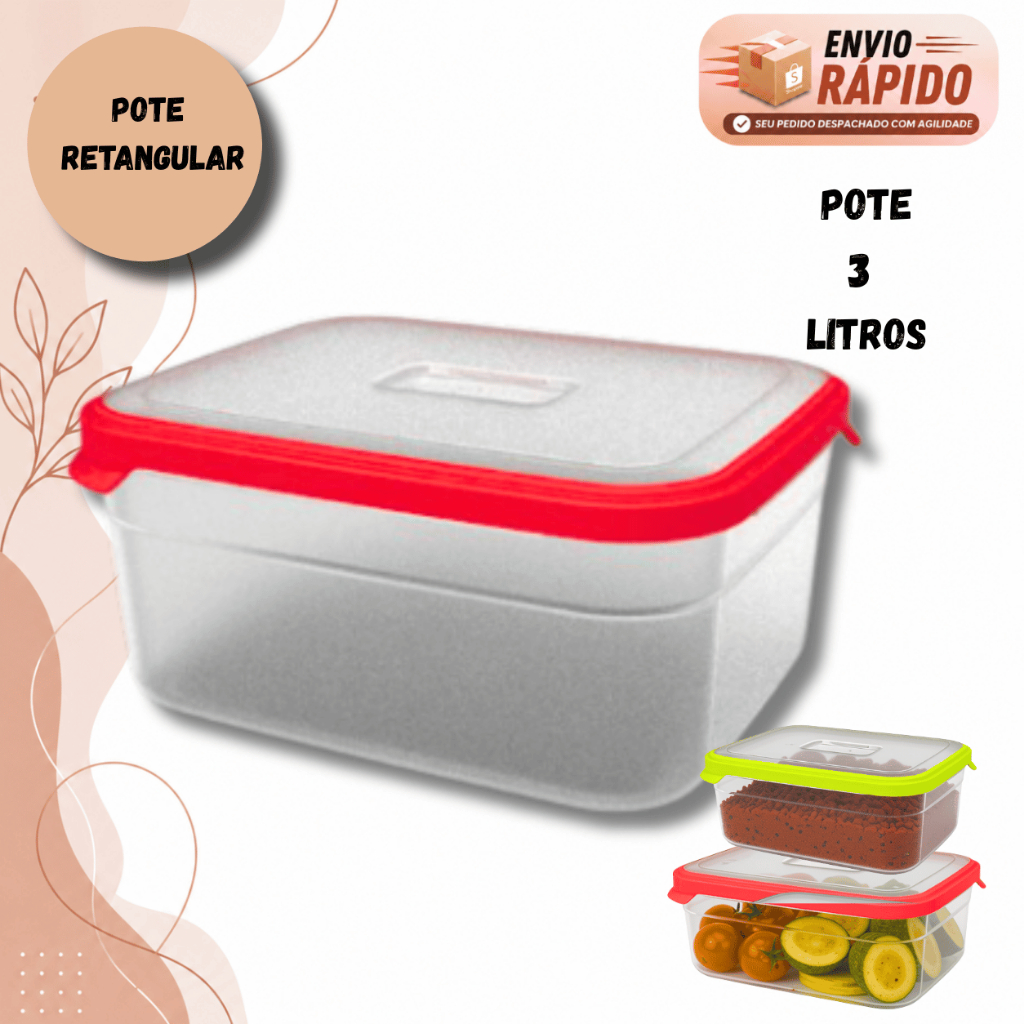 Pote Retangular Avulso Para Alimentos 3 Litros Utilidade Para Armário Freezer Microondas Cor Amarelo E Vermelho