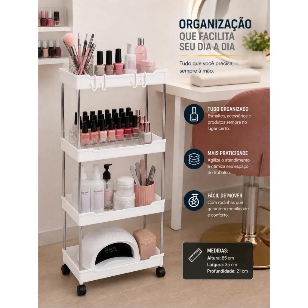 Prateleira Carrinho Organizador Multiuso Auxiliar Móvel 4 Andares Com Rodinhas