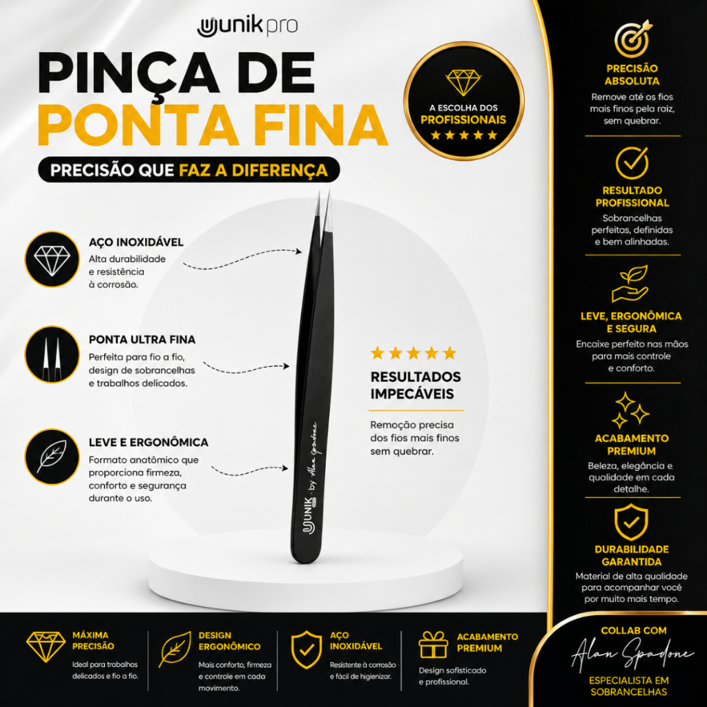 Pinça Profissional para Sobrancelha Ponta Fina Diamantada PS03 Yunik Pro Alan Spadone — imagem 2 de 2