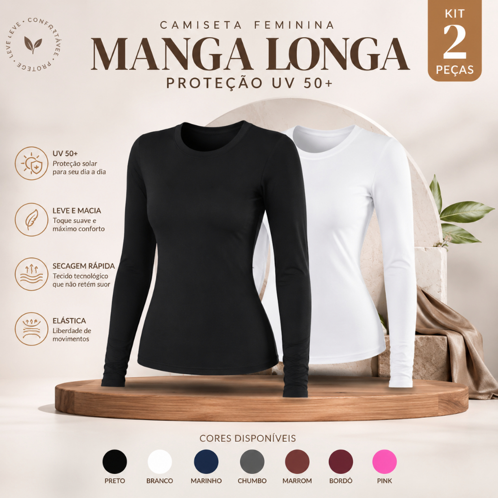 Kit 2 Camisetas Segunda Pele Básica Feminina Proteção Solar Uv 50+ Manga Longa  Academia Fitness
