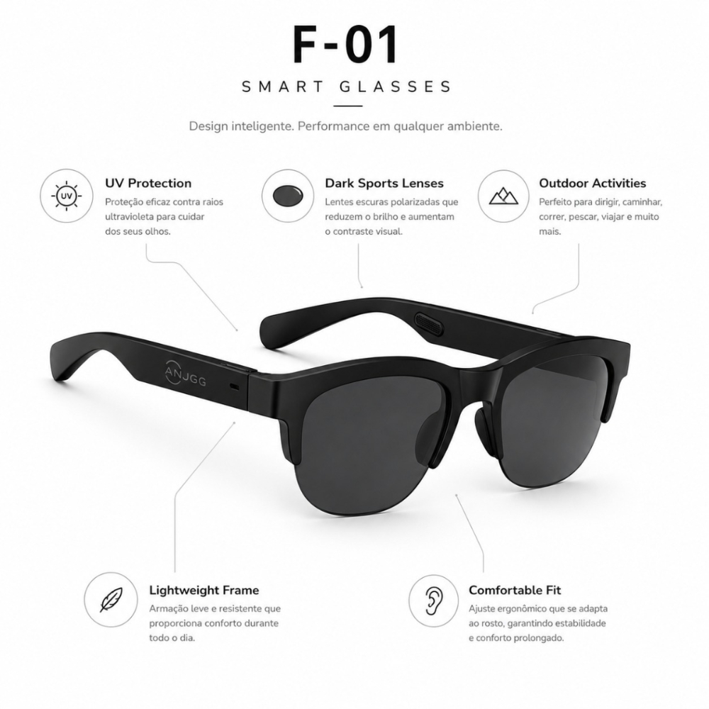 Óculos Inteligentes Áudio Bluetooth  Integrado F-01 Sem Fone Músicas Chamadas e Proteção UV Cor Preto