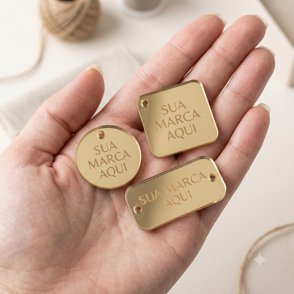 20/30/50 Espelhada Tag Personalizada em Acrílico Espelhado Etiqueta com Logo para Crochê, Lembrancinha e Artesanato