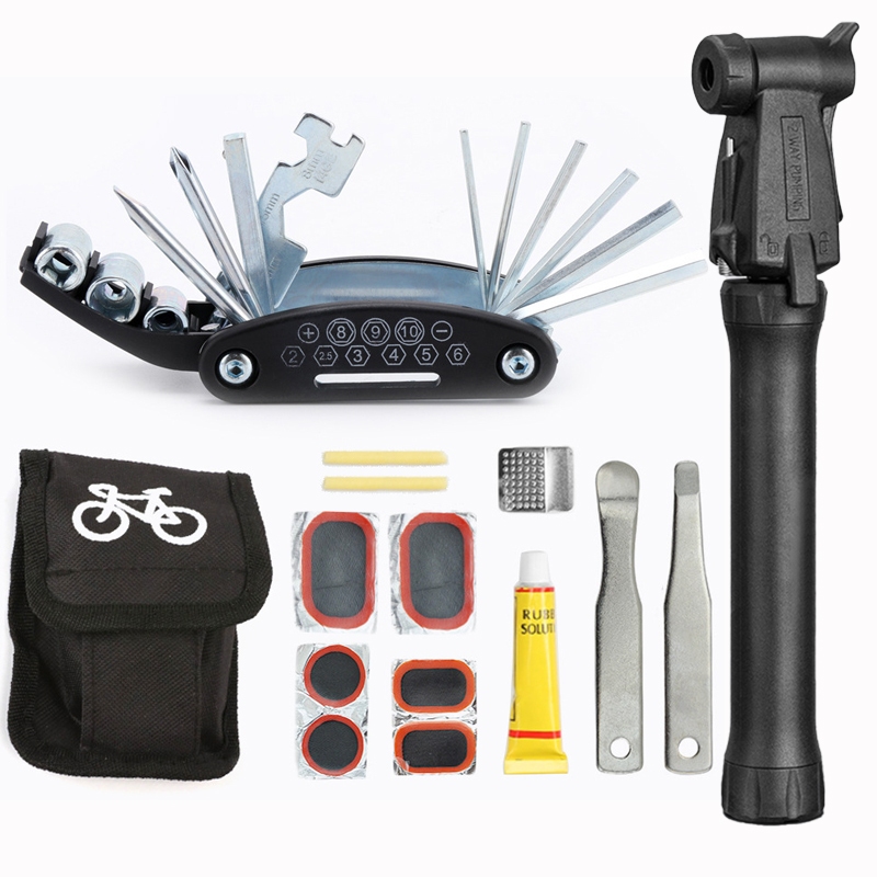 Kit Ferramentas Bike Chaves Bomba de Ar Remendo Reparo Bicicleta Bolsa Para o Quadro