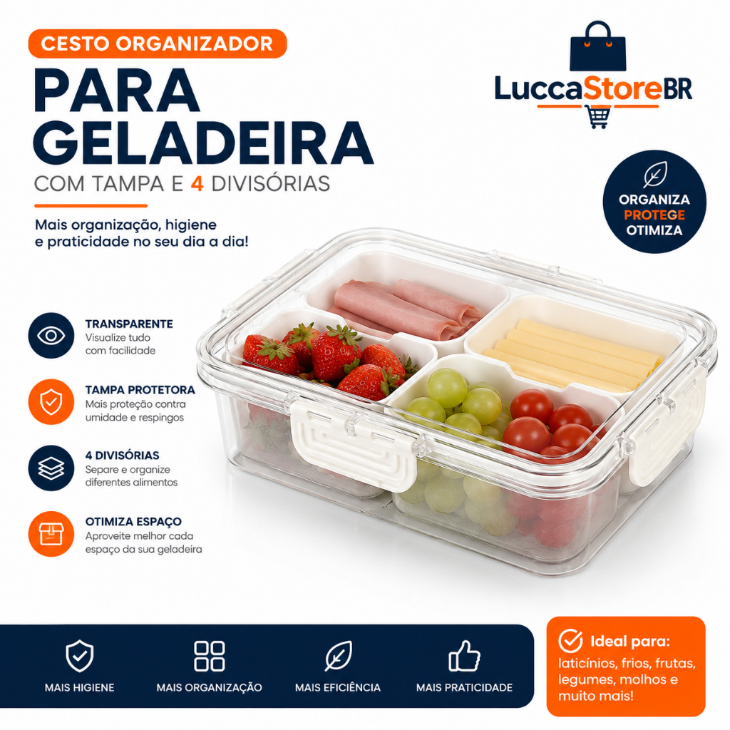 Cesto Organizador para Geladeira com Tampa e 4 Divisórias Transparente Caixa Organizadora de Alimentos 23,5x16,5cm