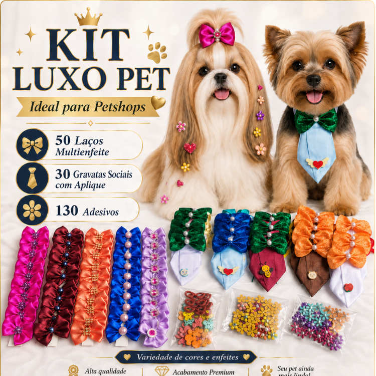 Kit Luxo Pet Lacinhos Pet 210 Itens 50 Laços Pet, 30 Gravatas Pet e 130 Adesivos Pet Ideal Petshop