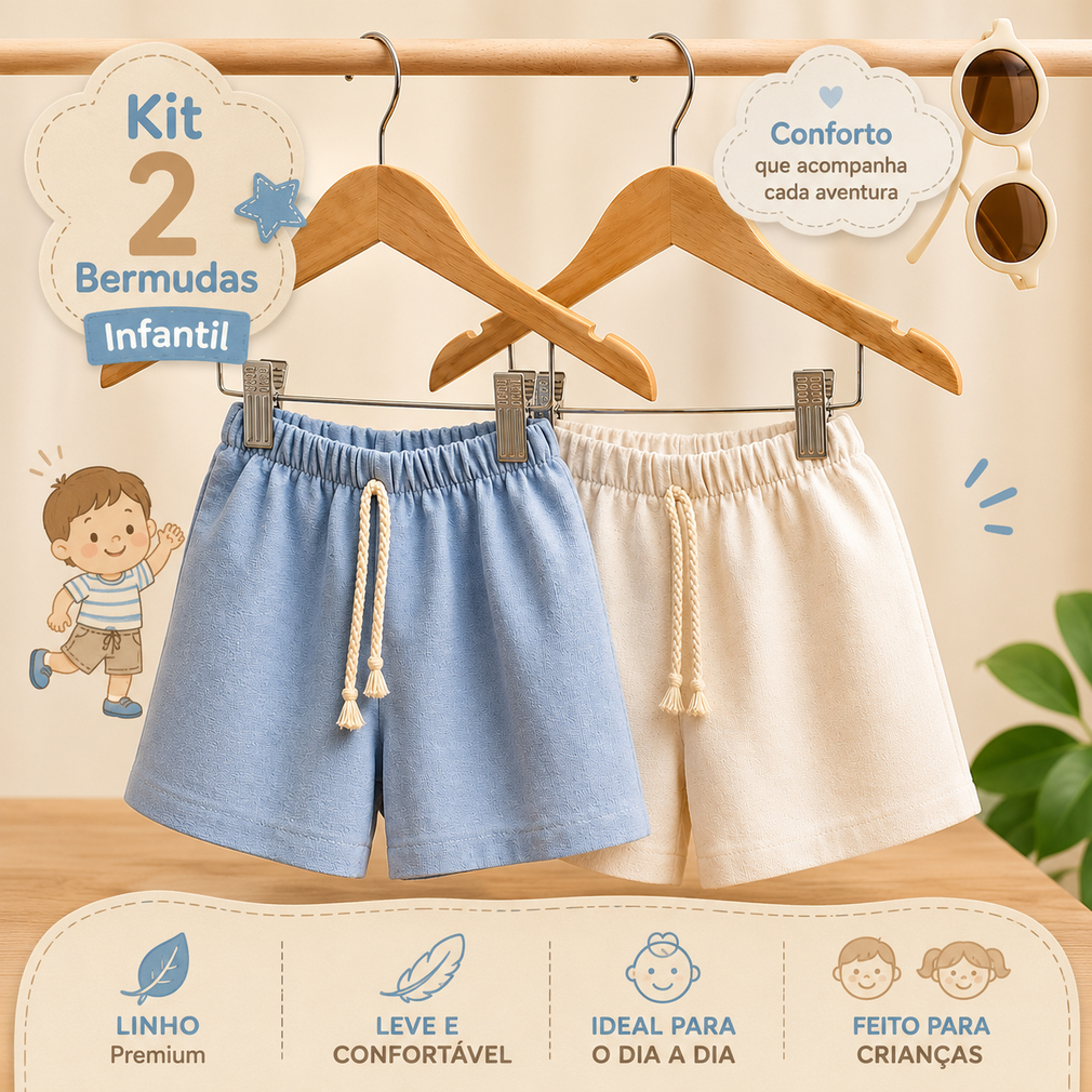 Kit 2 shorts linho na versão infantil unissex - 1 a 6 Anos