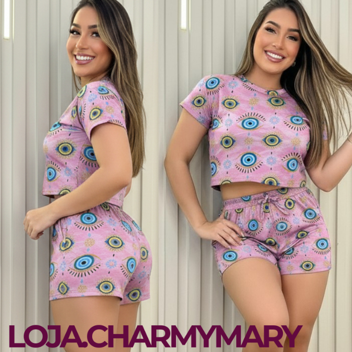 Conjunto Feminino Cropped e Short Estampado em Malha Crepe Verão Moda Casual