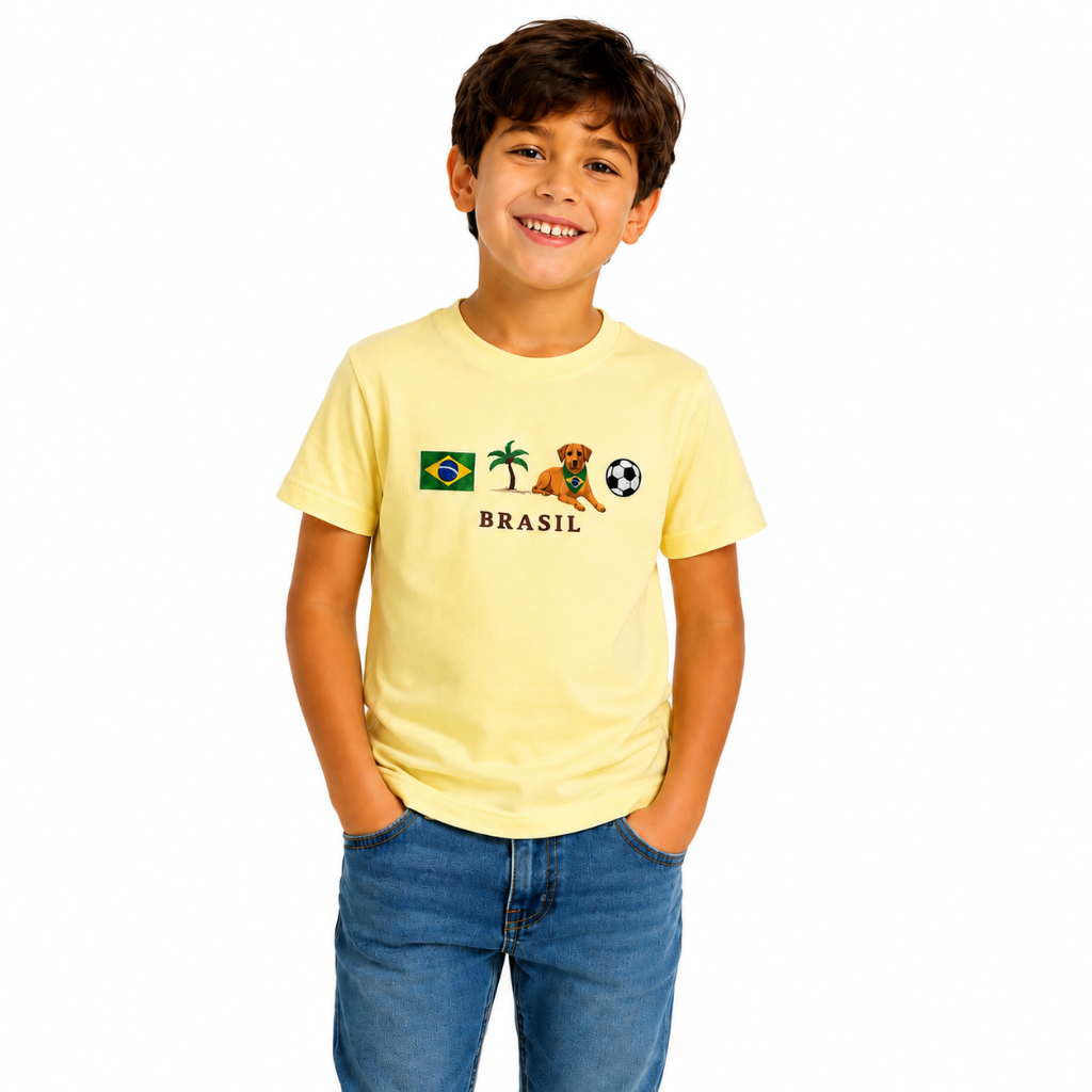 Camiseta Infantil Unissex 100% Algodão premium, mais Conforto e Estilo, Caramelo BRASIL - Mini Sauro