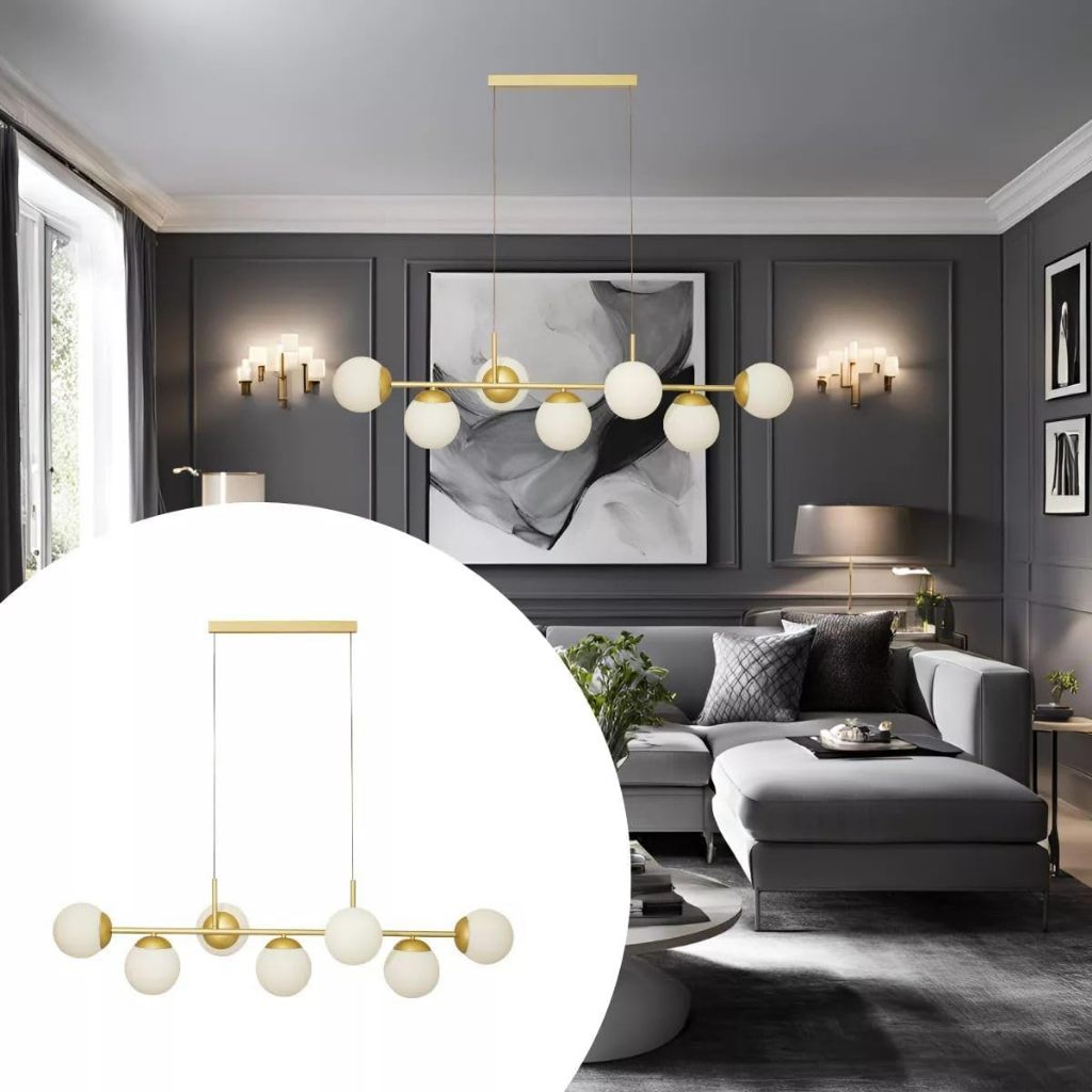 Lustre de Teto Pendente Dourado com 7 Globos de Vidro Modelo Jabuticaba Para Sala Lâmpada LED para Soquete G9