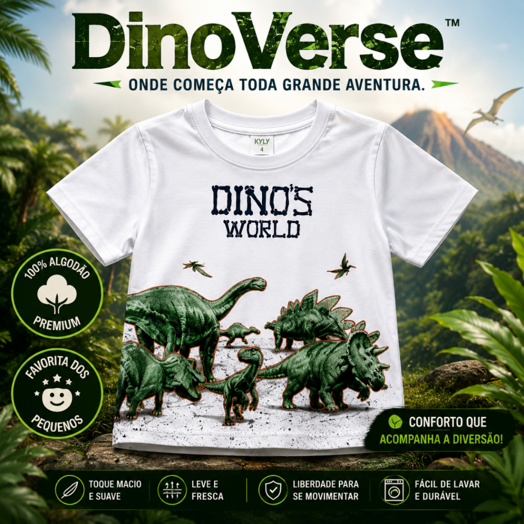 Camiseta Infantil Dinossauro Menino 100% Algodão Estampa Dino Manga Curta Casual Confortável, kyly