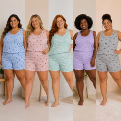 Kit Pijama Baby Doll Plus Size Feminino Alça Regata Suede Canelado Extra Grande G1, G2, G3 e G4
