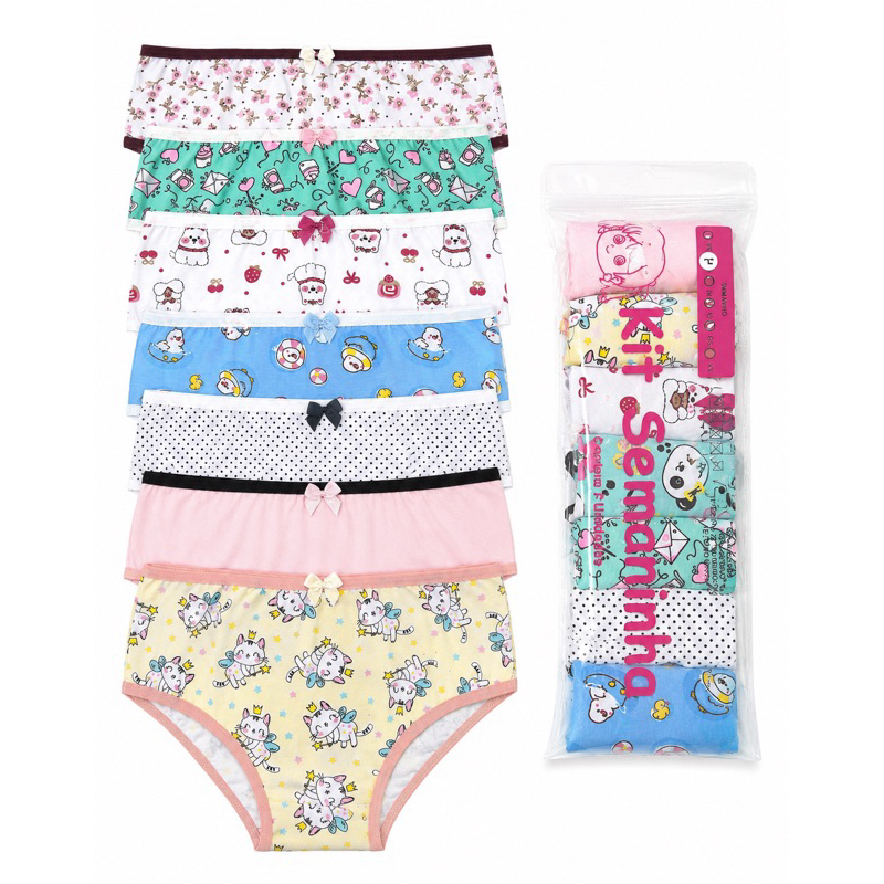 Kit Semaninha - Kit com 7 Calcinhas Infantis de Algodão-calcinha infantil -kit calcinha infantil