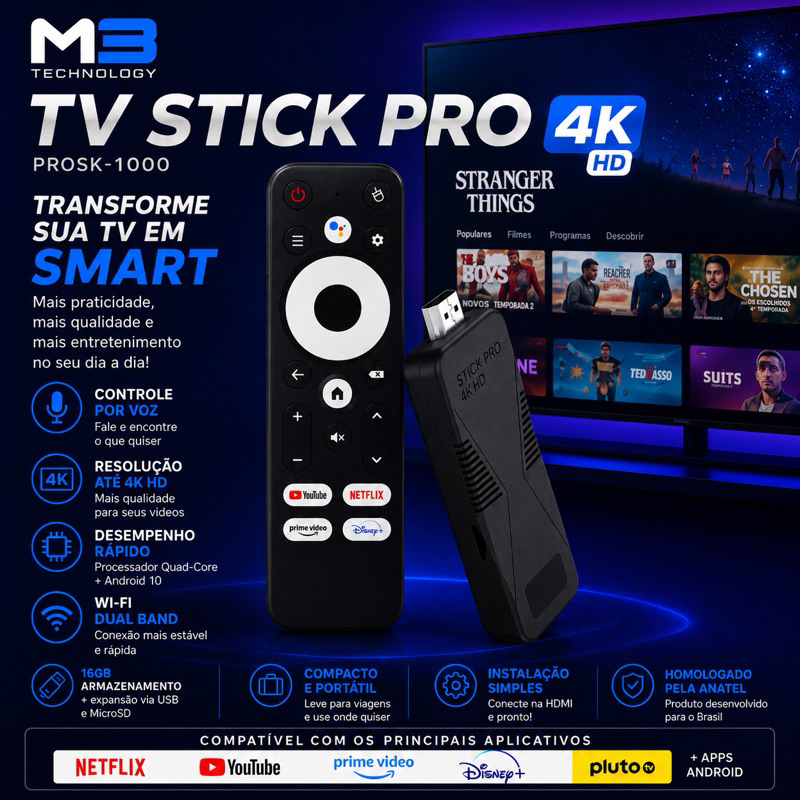 TV Stick Pro 4K Proeletronic Controle por Voz Bluetooth Android TV Wi-Fi 5 HDMI