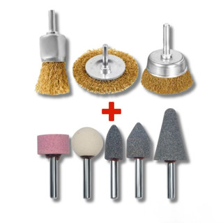 Kit Jogo Escova de Aço Circular 3 Pçs+Kit Jogo de Ponta Montada 5Pçs Esmeril/Furadeira Haste 6mm