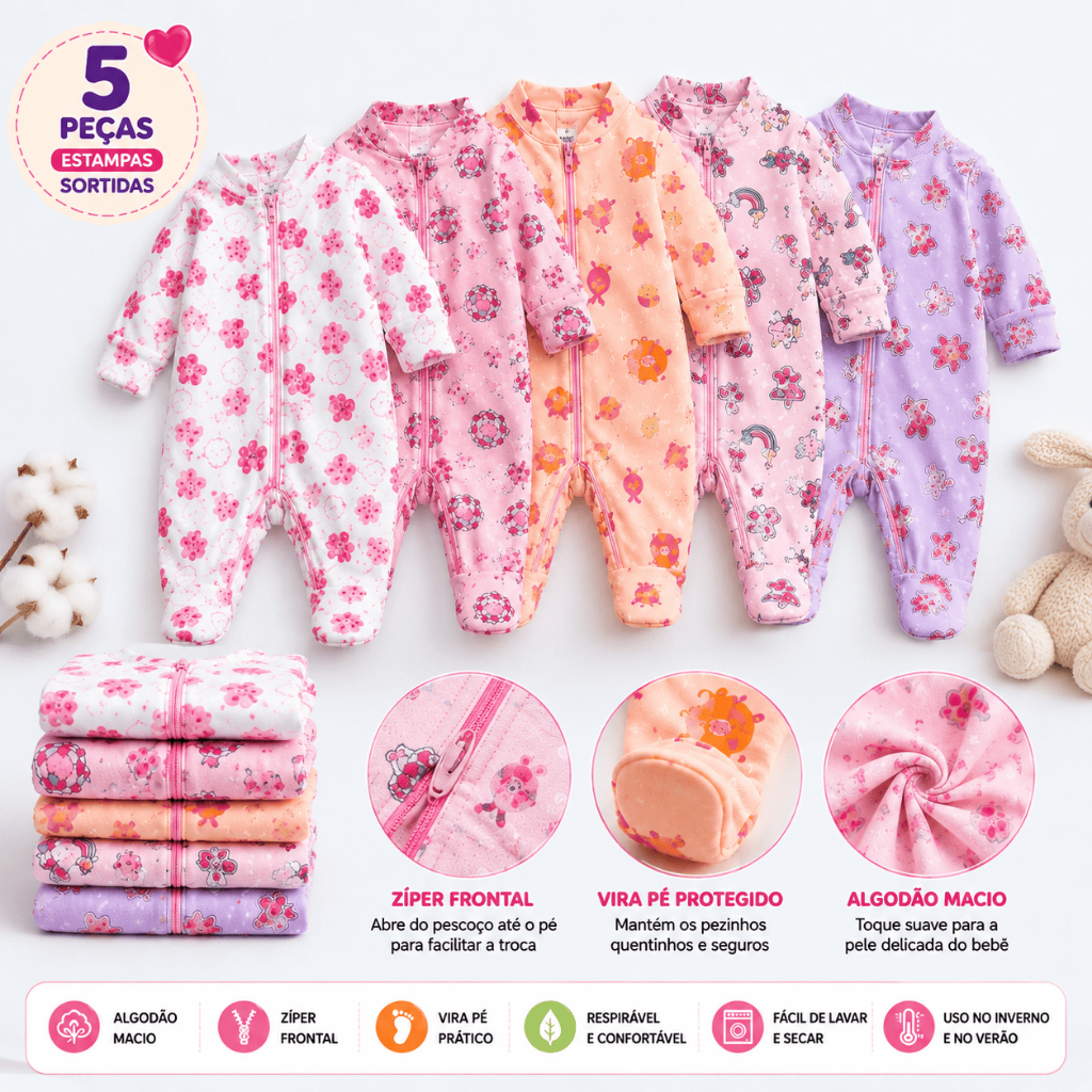 5 Macacões Bebê Estampado Mais Vendidos Vira Pé com Zíper Menina 100% Algodão
