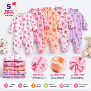 5 Macacões Bebê Estampado Vira Pé com Zíper Menina 100% Algodão