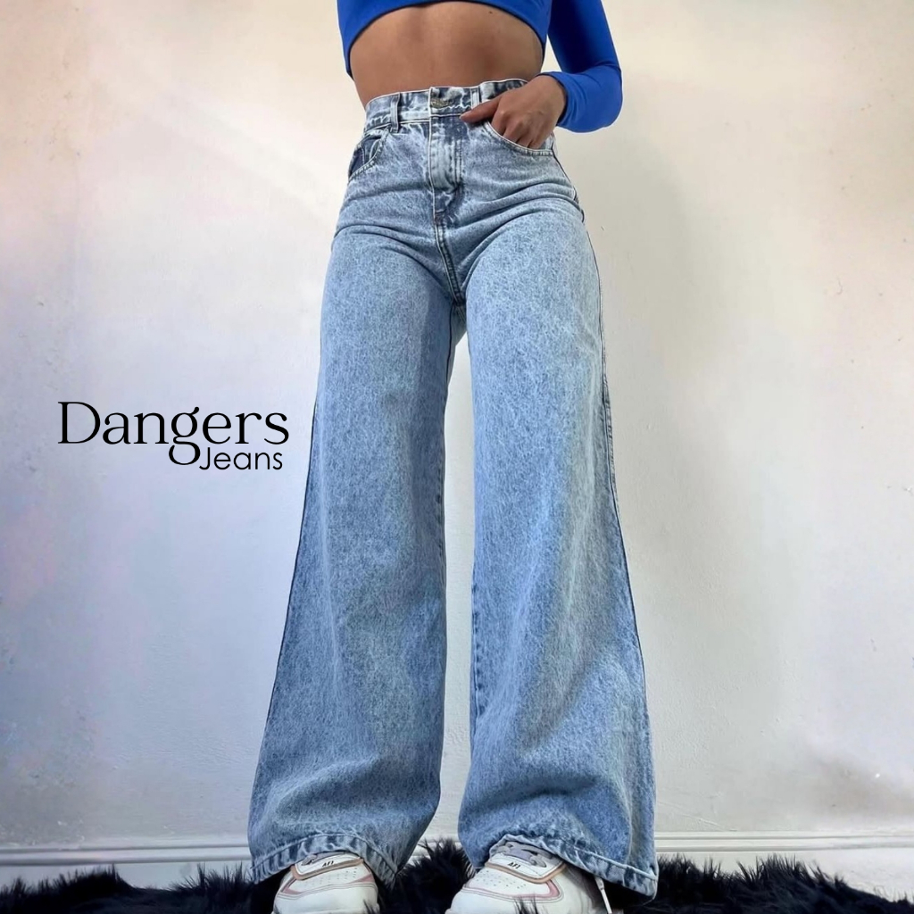 Calça Jeans Wide Leg Feminina Marmorizada Cintura Alta 100% Algodão Sem Lycra