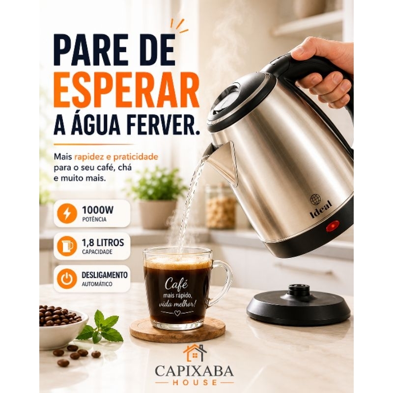 Chaleira Eletrica Inox 1 8 Litros Alta Potencia Rapido Aquecimento Design Moderno 127 Volts