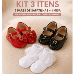 Kit 2 Sapatilhas Bebê + Meia Rendada 100% Algodão - Luxo completo Infantil Princesa do 14 ao 19
