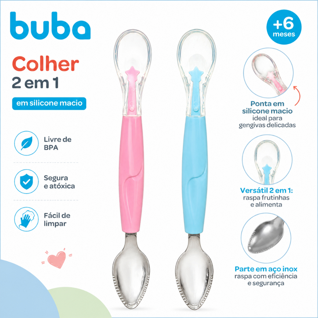 Colher 2 em 1 para Bebê Buba Raspa frutas em Silicone Macio e Aço Inox