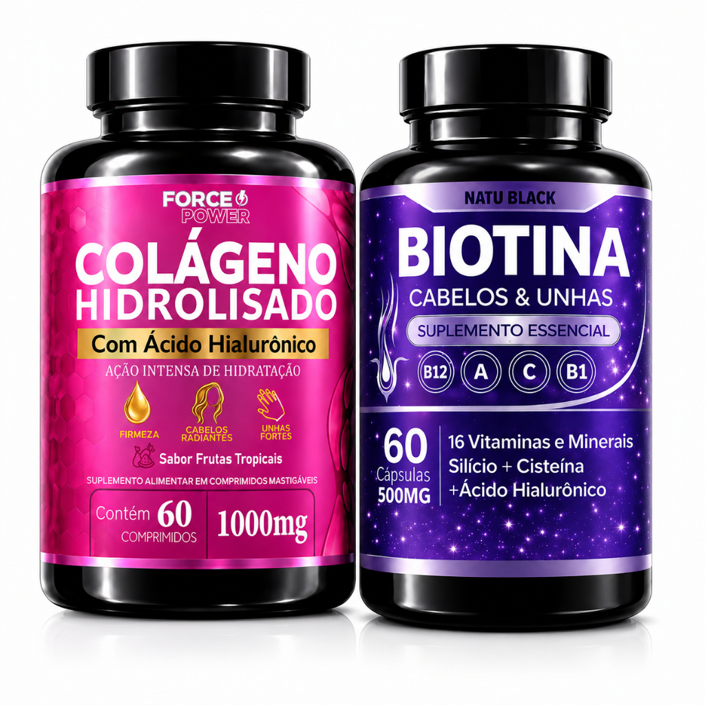Kit Biotina Original + Colágeno Hidrolisado + Ácido Hialurônico Alta Concentração Pele Unhas Cabelos